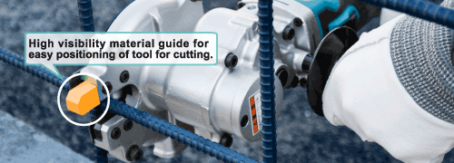 High visibility material guide for easy positioning of tool for cutting. (Ogura cordless surface cutter: HSC-25BL)
